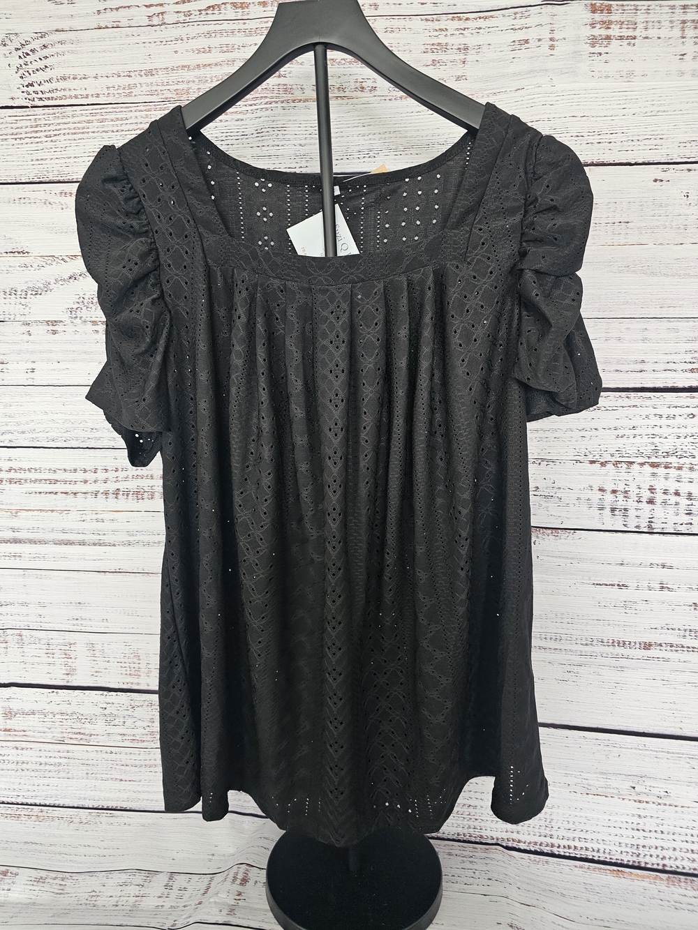 Women's Black Eyelet Puff-Sleeve Top